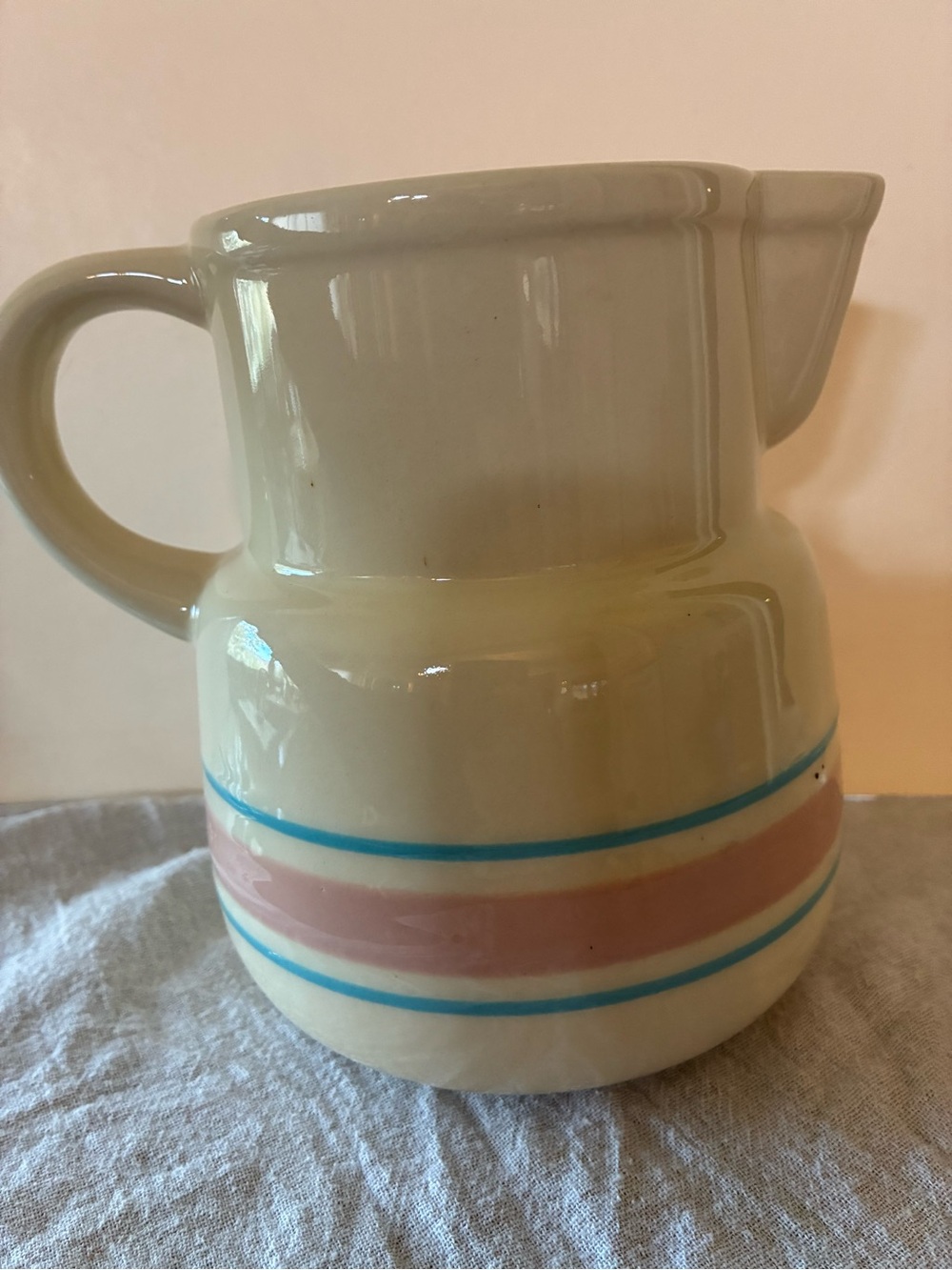 Mccoy USA Cream Ceramic Pitcher with Blue and Pink Bands for Farmhouse Decor